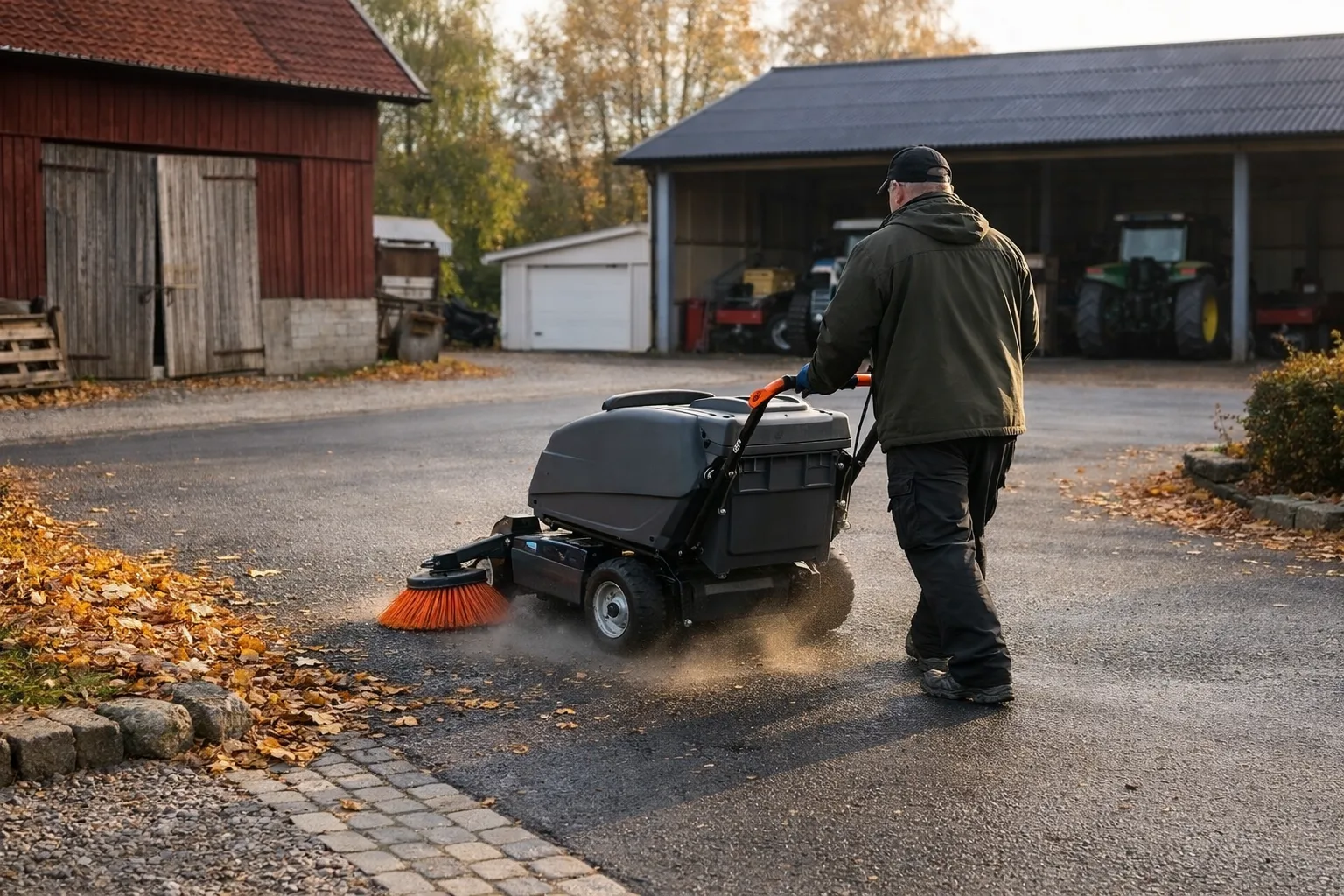 Sopmaskin som sveper en asfalterad uppfart en höstmorgon